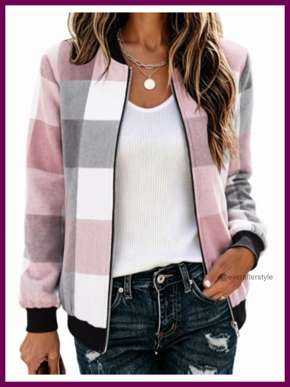 Lightweight Plaid Flannel Bomber Jacket Zip Up Casual Coat